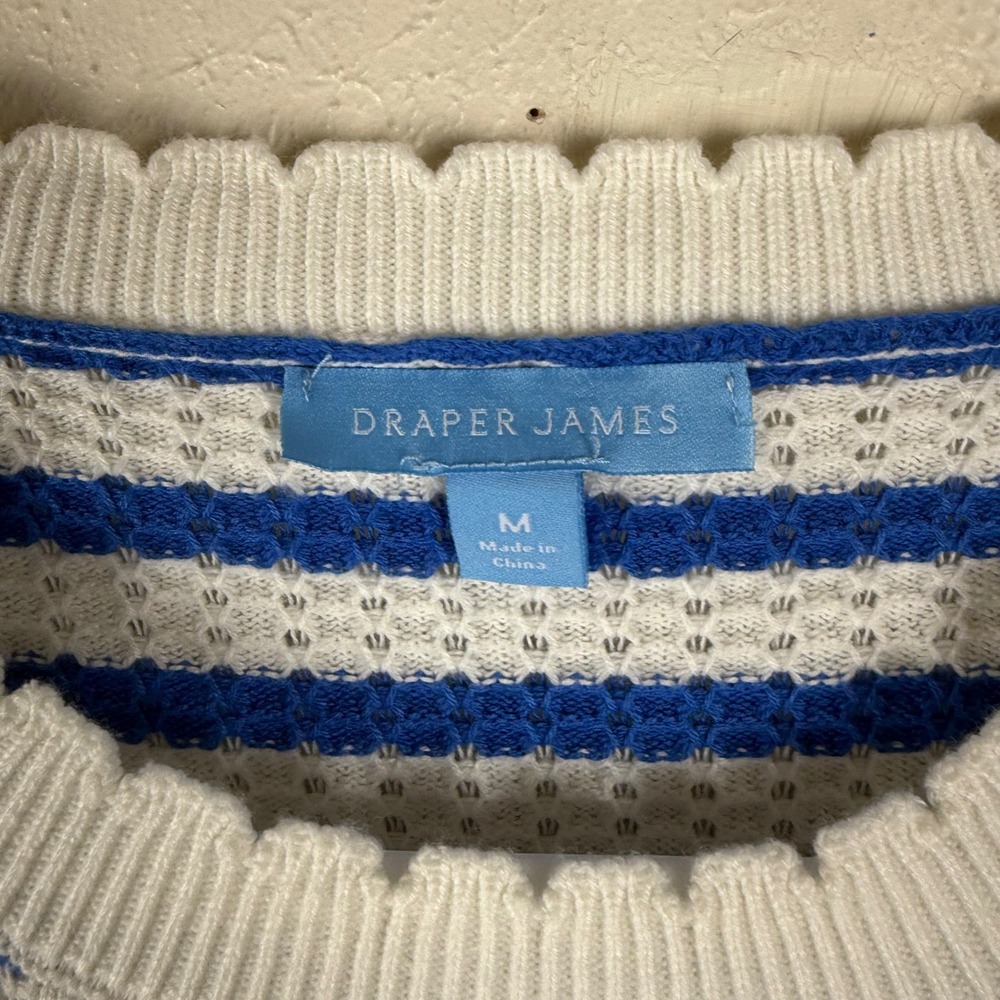 Draper James Blue White Striped Scalloped Neck Short Sleeve Sweater Womens Med - Picture 2 of 8